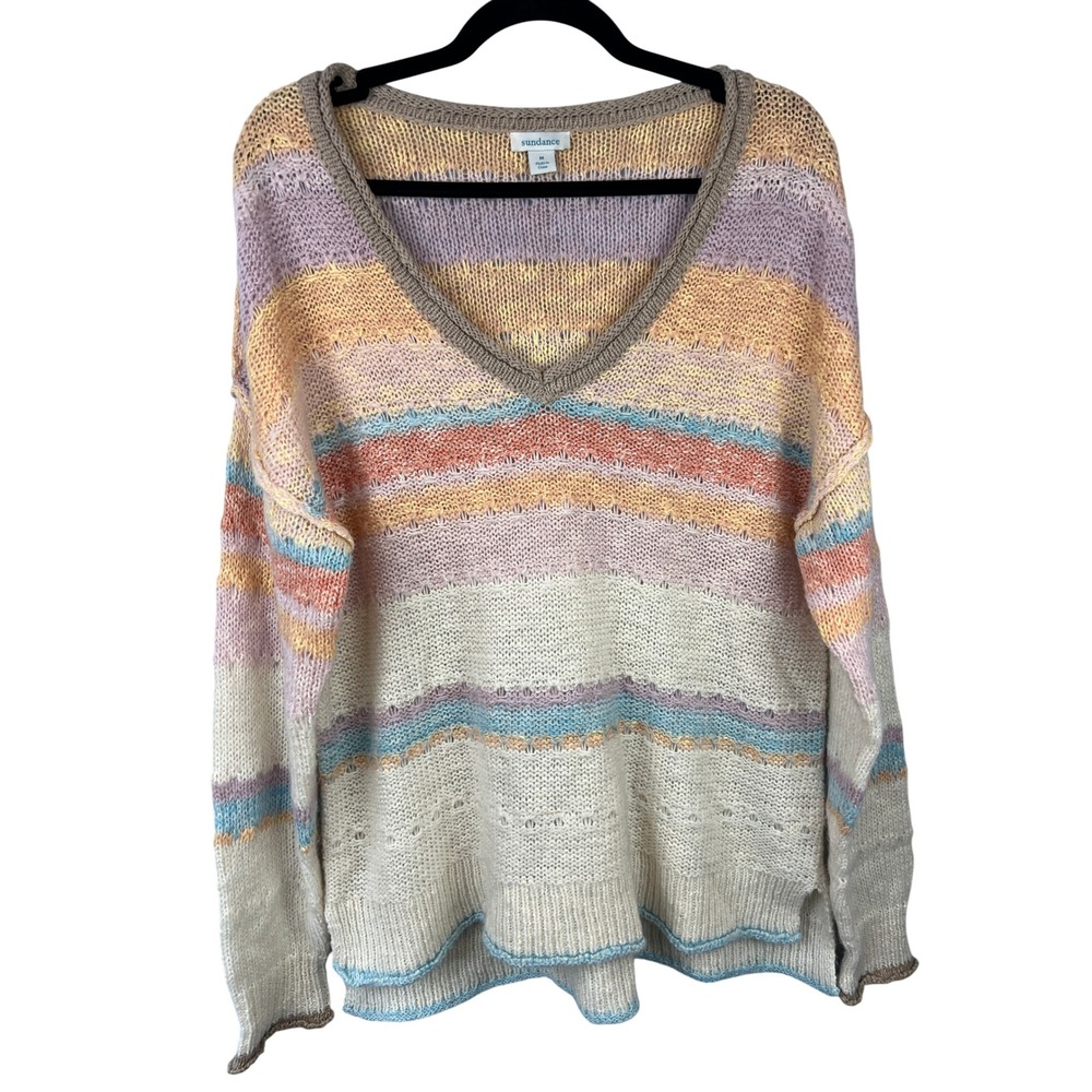 Sundance Loose Knit Pastel Striped Roll Neck Oversized Slouchy Sweater SzM Boho